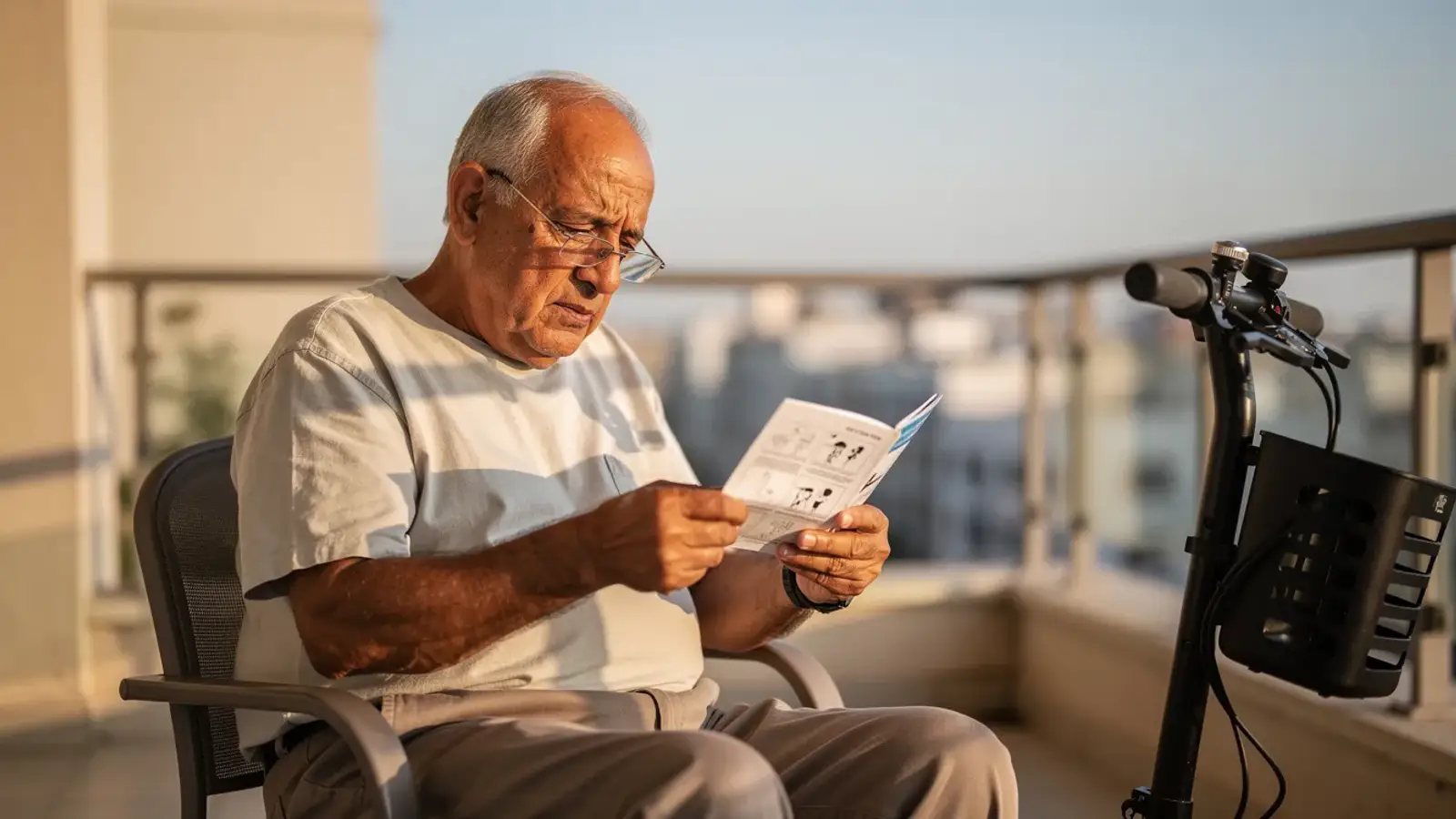 קשיש קורא חוברת הפעלה ליד קלנועית במרפסת, תמונת אווירה