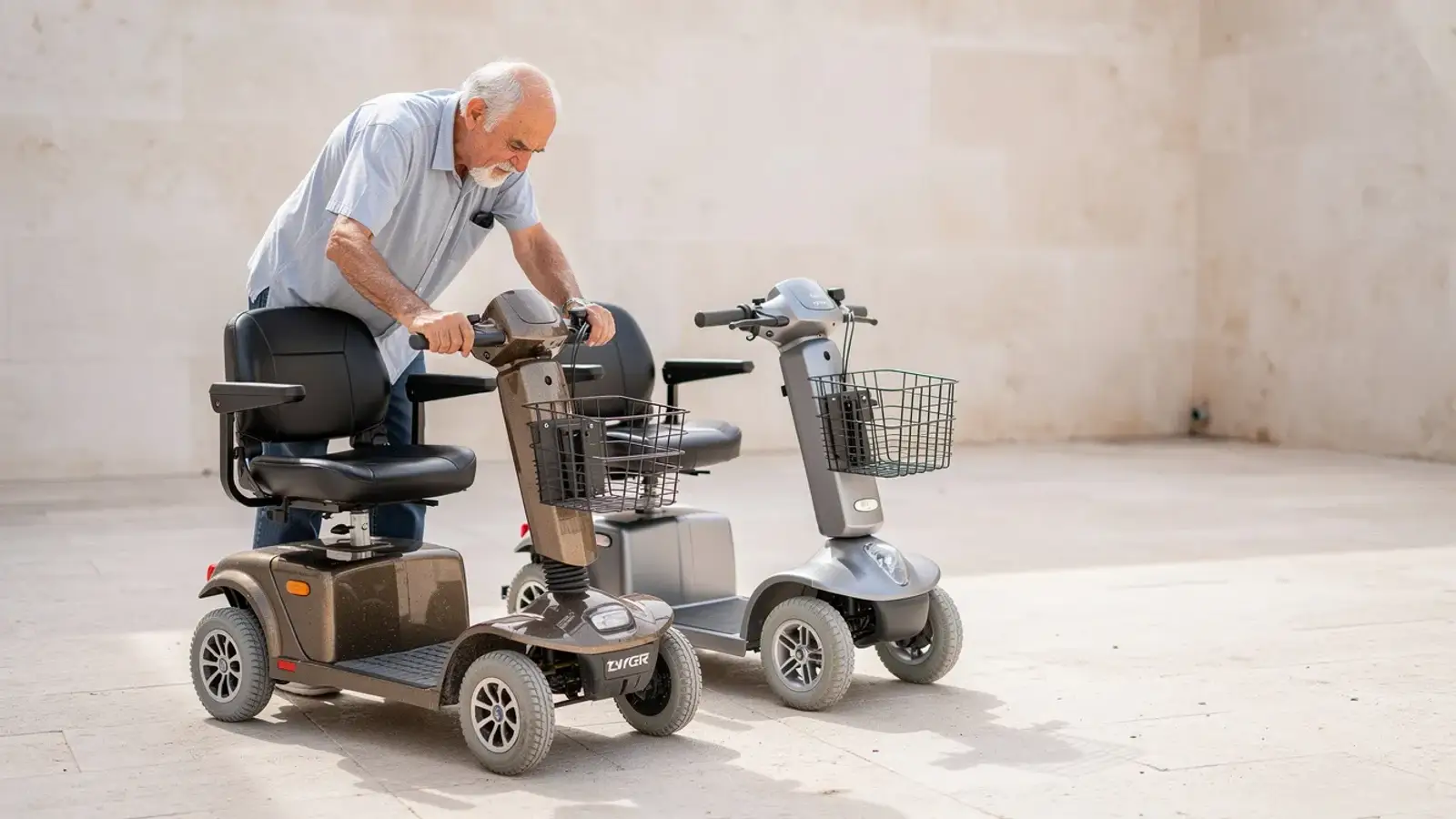 קשיש בודק קלנועית משומשת לצד קלנועית חדשה יותר, תמונת אווירה