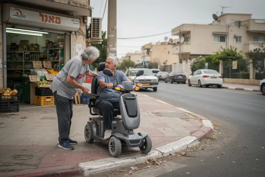קלנועית בינונית ברחוב שכונתי ליד חנות, תמונת אווירה