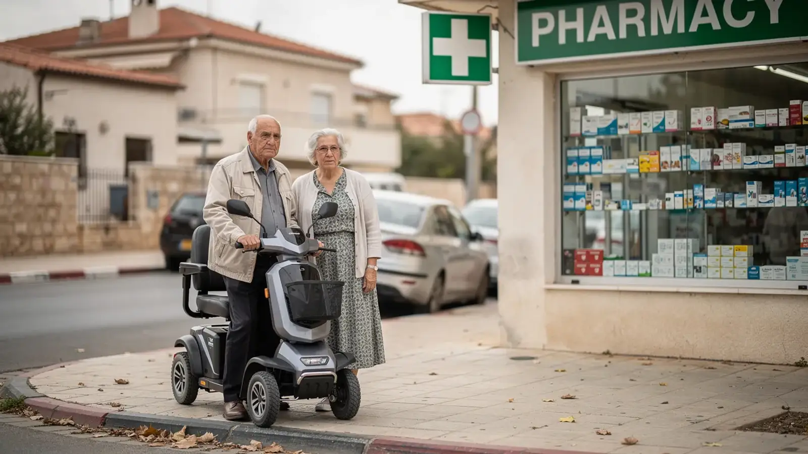 קלנועית בינונית ברחוב שכונתי ליד חנות, תמונת אווירה